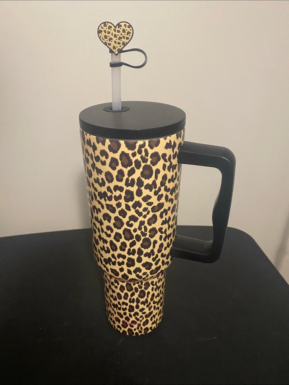 Betsey Johnson Leopard Print Travel Mug with Black Handle and Straw